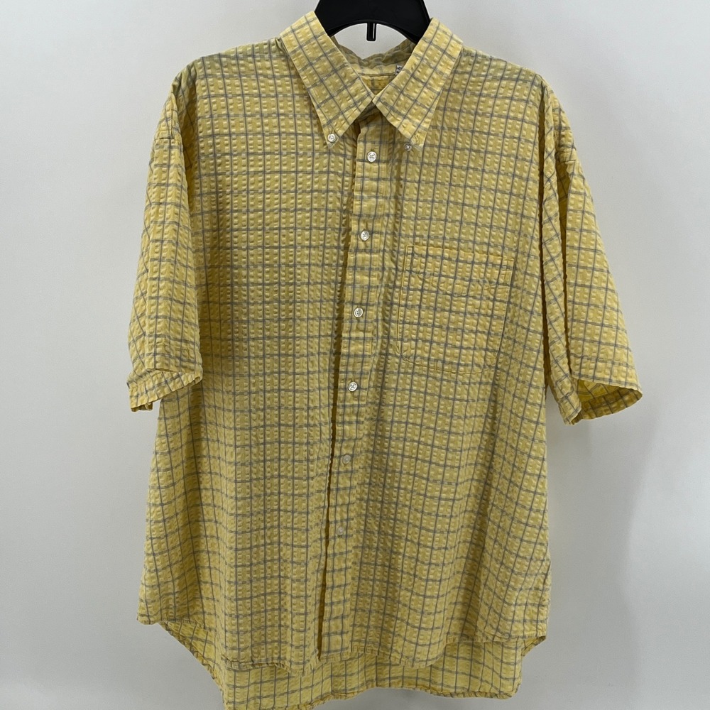 IZOD Mens XXL Yellow Blue Plaid Seersucker Short Sleeve Button Down Shirt Cotton